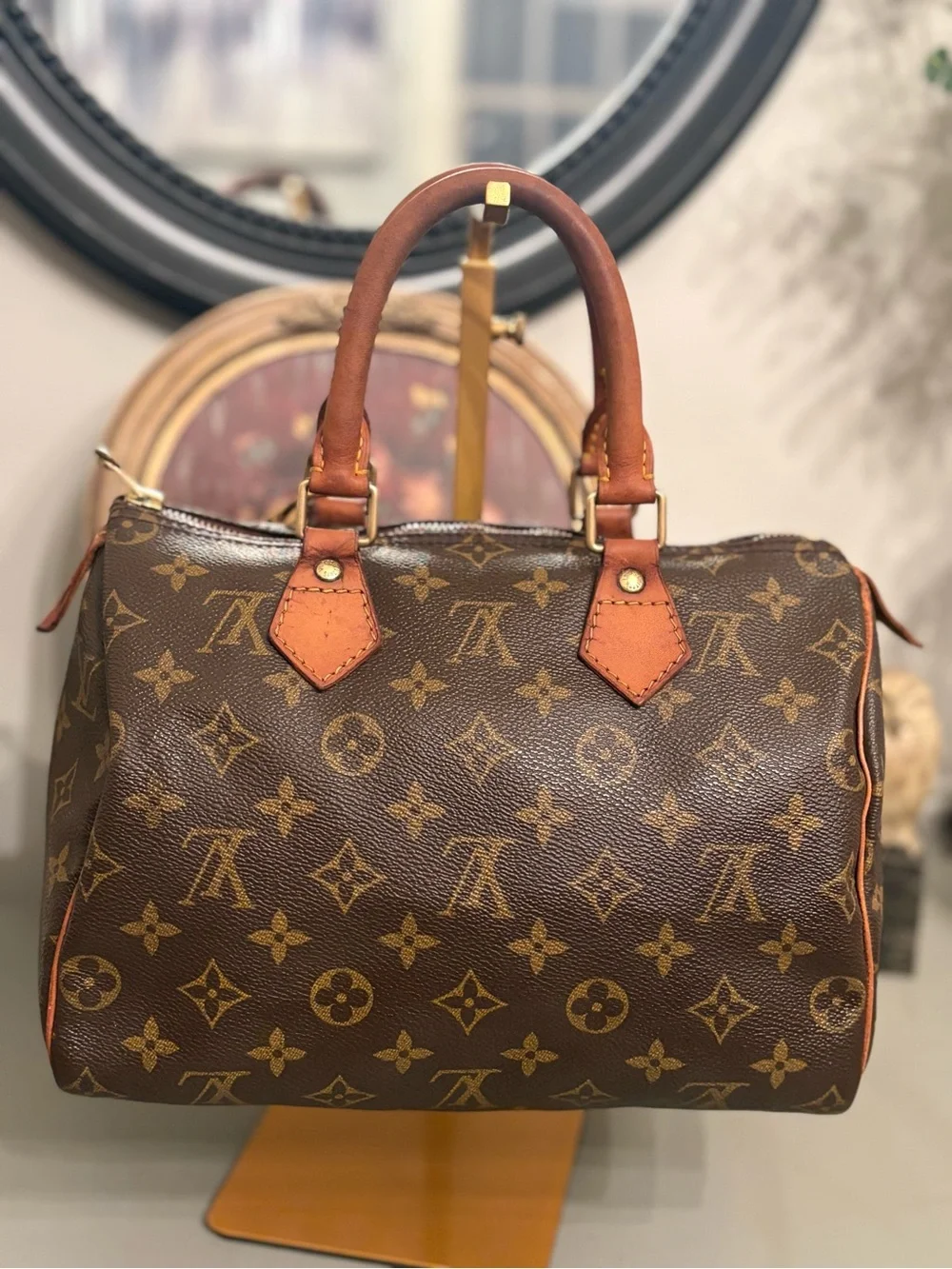 Louis Vuitton Brown Monogram Canvas Top-Handle Bag with Tan Trim